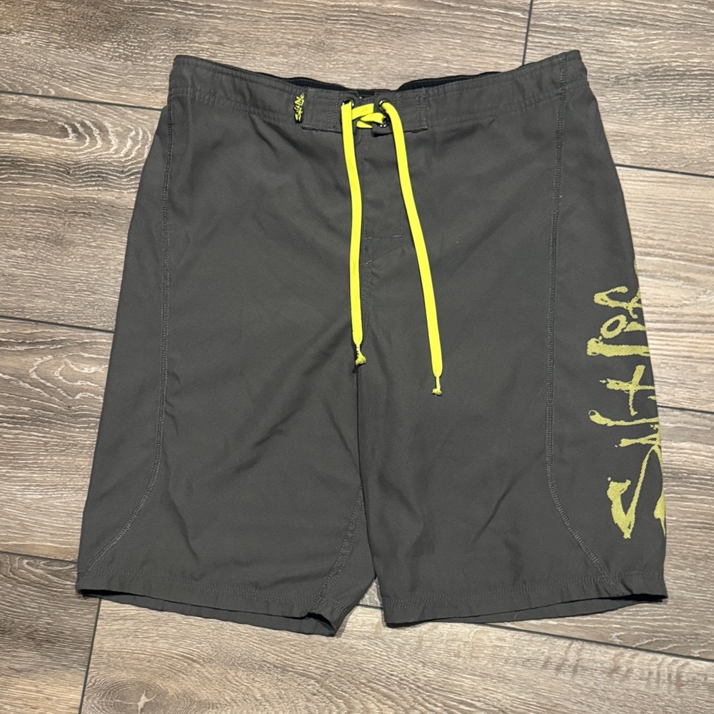 Salt Life Youth XL  Charcoal Swim Shorts with Neon Yellow Drawstring
